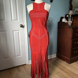NWT BEBE Sexy Art Deco Burnt Orange Fringed Maxi Dress - Prom Cruise Clubbing M